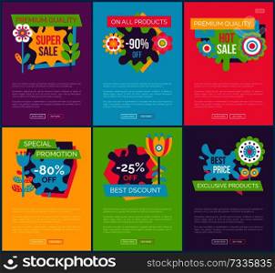 On all products 90 off total absolute final sale labels set of web banners with flower blossoms, summer or spring sale emblems vector online posters. All Products 90 Total Absolute Final Sale Labels