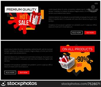 On all products final price, sale in shop vector landing page sample. Banner with blot and present wrapped in paper with polka dot, special offer. Premium Quality of Products Bought on Sale in Shop