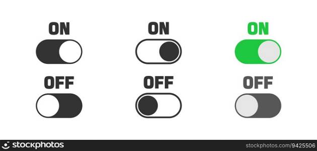 On and off toggle switch button. Active, inactive sign. Minimalistic ui for mobile app. Outline, flat, and colored style. Flat design. Vector illustration. On and off toggle switch button. Active, inactive sign. Minimalistic ui for mobile app. Outline, flat, and colored style. Flat design. Vector illustration.