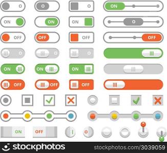 On and off toggle switches, elements of user interface vector set. On and off toggle switches, elements of user interface vector. Set of slider and button illustration