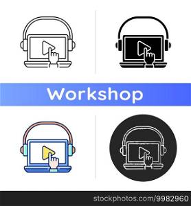 On-demand webinar icon. Practical online lesson. Improving the level of professional skills of personnel. Getting new practical skills. Linear black and RGB color styles. Isolated vector illustrations. On-demand webinar icon