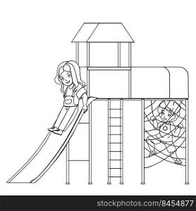 On Jungle Gym Playing Children Boy And Girl Vector. Little Preschooler Kids Play And Enjoy Game On Jungle Gym. Characters Infant Resting On Playground Together black line illustration. On Jungle Gym Playing Children Boy And Girl Vector