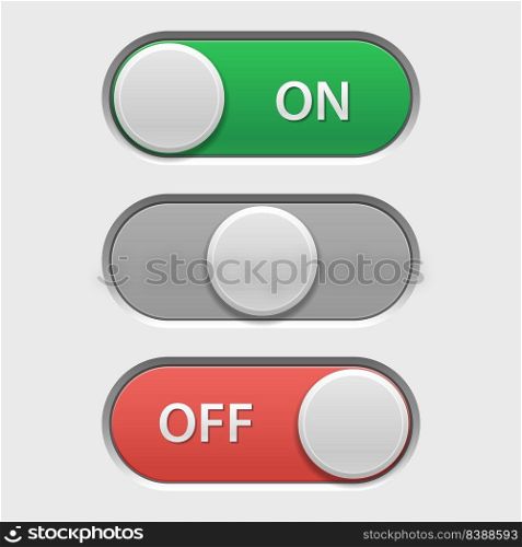 On off button. User interface switch for adjustment menu in on, neutral, and off option positions, modern web and phone UI elements. Vector set. Equipment panel with active and in active settings. On off button. User interface switch for adjustment menu in on, neutral, and off option positions, modern web and phone UI elements. Vector set