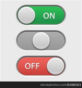 On off button. User interface switch for adjustment menu in on, neutral, and off option positions, modern web and phone UI elements. Vector set. Equipment panel with active and in active settings. On off button. User interface switch for adjustment menu in on, neutral, and off option positions, modern web and phone UI elements. Vector set