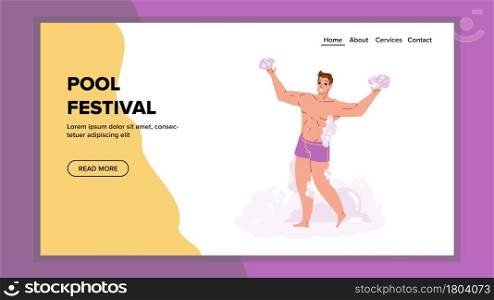 On Pool Festival Event Dancing Young Man Vector. Happy Guy In Swimming Costume Resting And Dance On Pool Festival. Joyful Character Boy Vacation Recreation Web Flat Cartoon Illustration. On Pool Festival Event Dancing Young Man Vector