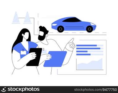 On-road car model validation abstract concept vector illustration. Engineers testing car on road using tablet, automotive industry, vehicle manufacturing, transportation sector abstract metaphor.. On-road car model validation abstract concept vector illustration.