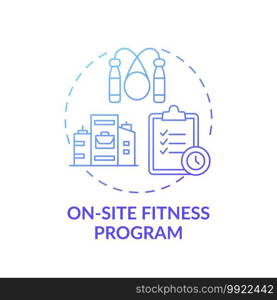 On-site fitness program concept icon. Workplace wellness idea thin line illustration. Physical exercises for workers. Promoting employee fitness. Vector isolated outline RGB color drawing. On-site fitness program concept icon