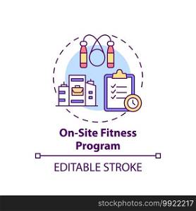 On-site fitness program concept icon. Workplace wellness idea thin line illustration. Regular workout. Improving health-related outcomes. Vector isolated outline RGB color drawing. Editable stroke. On-site fitness program concept icon