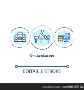 On site massage concept icon. Increasing focus and relaxation. Blood pressure reduction. Reduce workplace stress idea thin line illustration. Vector isolated outline RGB color drawing. Editable stroke. On site massage concept icon