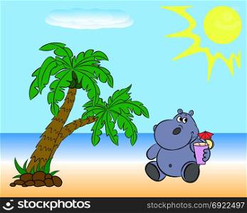 On the beach with palm trees, a hippopotamus drinks a cocktail with orange.