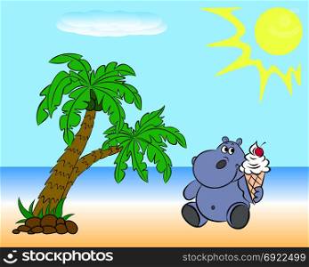 On the beach with palm trees, the hippo eats an ice cream with a cherry.