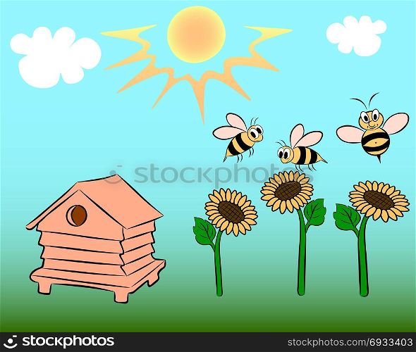 On the field there is a beehive, sunflowers and flying bees.