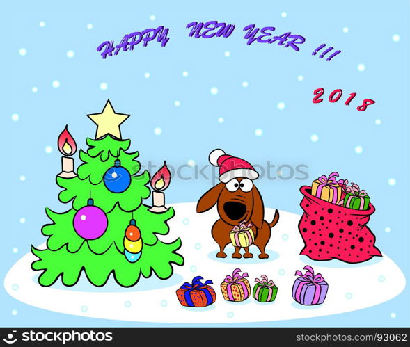 On the greeting card, a dog with a gift in his teeth near the Christmas tree and a bag of gifts.