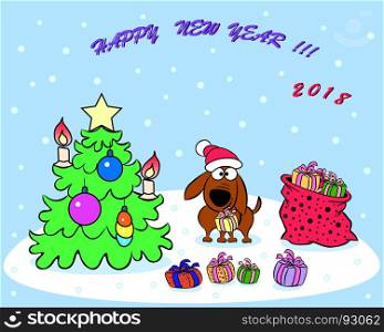 On the greeting card, a dog with a gift in his teeth near the Christmas tree and a bag of gifts.