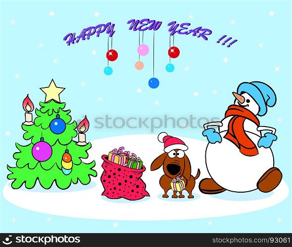 On the greeting card the dog with a gift in his teeth near the Christmas tree, a snowman and a bag of gifts.