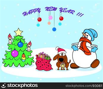 On the greeting card the dog with a gift in his teeth near the Christmas tree, a snowman and a bag of gifts.