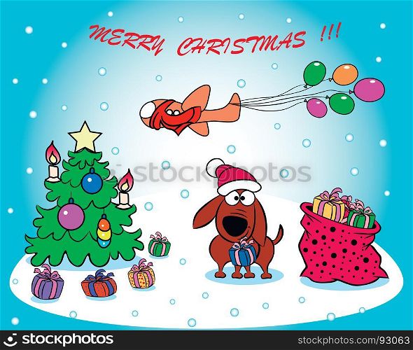 On the postcard a dog with a gift in his teeth next to a Christmas tree, a bag of gifts and an airplane with balloons.