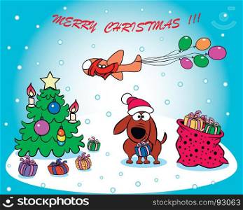On the postcard a dog with a gift in his teeth next to a Christmas tree, a bag of gifts and an airplane with balloons.