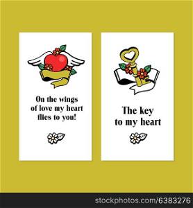 On the wings of love my heart flies to you! The key to my heart. Set of vector greeting cards for Valentine&rsquo;s Day.