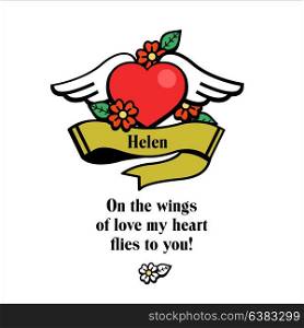 On the wings of love my heart flies to you! Vector postcard for Valentine&rsquo;s day.
