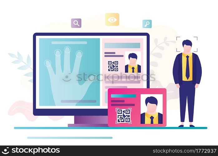 ?oncept of access control, fingerprint scanner. Online passport and biometric identifier. Personal data and fingerprints on computer screen. Protection of personal information.Flat vector illustration. ?oncept of access control, fingerprint scanner. Online passport and biometric identifier