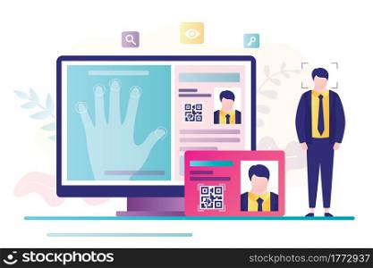 ?oncept of access control, fingerprint scanner. Online passport and biometric identifier. Personal data and fingerprints on computer screen. Protection of personal information.Flat vector illustration. ?oncept of access control, fingerprint scanner. Online passport and biometric identifier