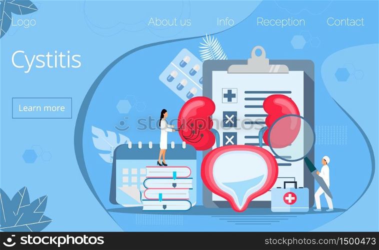 oncept of cystitis, urolithiasis, nephroptosis, renal failure. Pyelonephritis, diseases and kidney stones illustrations are shown for landing page. Tiny doctors treat kidneys.. oncept of cystitis, urolithiasis, nephroptosis, renal failure.