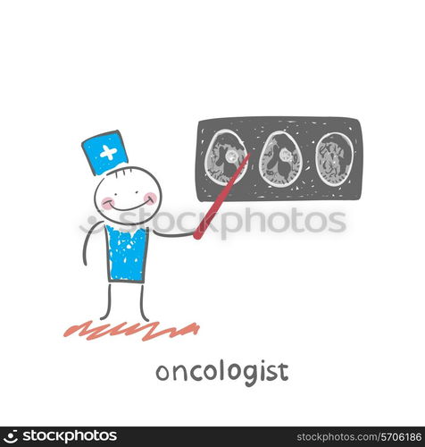 oncologist shows the X-ray imaging. Fun cartoon style illustration. The situation of life.