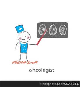 oncologist shows the X-ray imaging. Fun cartoon style illustration. The situation of life.
