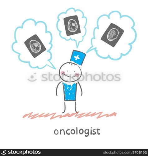 oncologist thinks of the x-ray images. Fun cartoon style illustration. The situation of life.