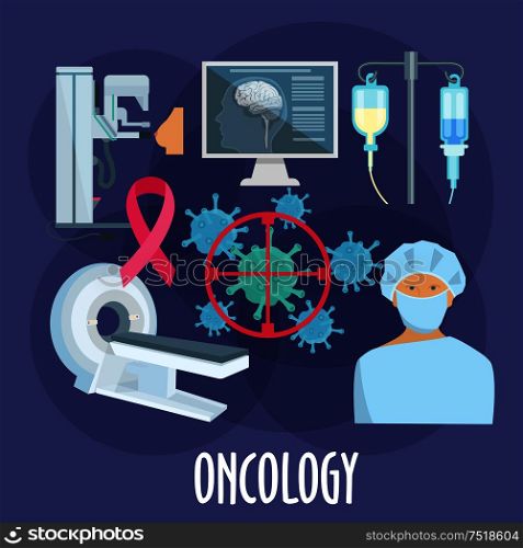 Oncologist with diagnostic equipments icon for oncology medicine design. Surgeon, computed tomography scan and mammography machine, chemotherapy treatments, cancer cells under target and breast cancer ribbon flat symbols. Oncology medicine flat icon for healthcare design