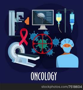 Oncologist with diagnostic equipments icon for oncology medicine design. Surgeon, computed tomography scan and mammography machine, chemotherapy treatments, cancer cells under target and breast cancer ribbon flat symbols. Oncology medicine flat icon for healthcare design