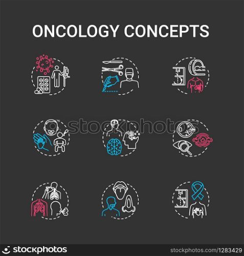 Oncology chalk RGB color concept icons set. Cancer disease types and treatment. Medication of tumor. Healthcare idea. Vector isolated chalkboard illustrations on black background
