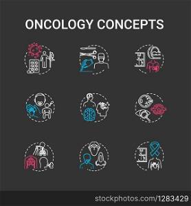 Oncology chalk RGB color concept icons set. Cancer disease types and treatment. Medication of tumor. Healthcare idea. Vector isolated chalkboard illustrations on black background