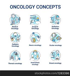 Oncology concept icons set. Cancer disease types and treatment. Medication of tumor. Healthcare idea thin line RGB color illustrations. Vector isolated outline drawings. Editable stroke