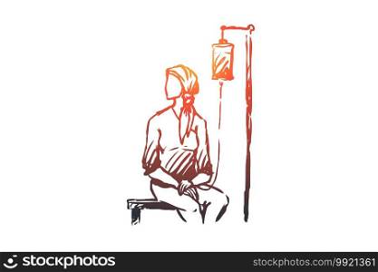 Oncology, disease vector concept. Woman in headscarf sitting under drip in hospital. Hand drawn sketch isolated illustration. Oncology, disease concept. Hand drawn sketch isolated illustration