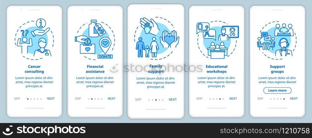 Oncology help onboarding mobile app page screen with concepts. Cancer counseling. Illness treatment walkthrough five steps graphic instructions. UI vector template with RGB color illustrations