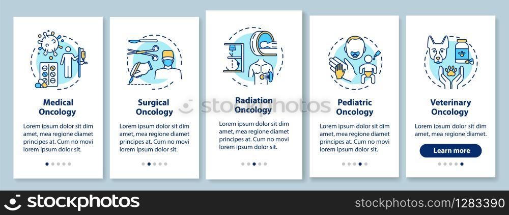 Oncology onboarding mobile app page screen with concepts. Cancer treatment walkthrough five steps graphic instructions. Medical and surgical oncology. UI vector template with RGB color illustrations