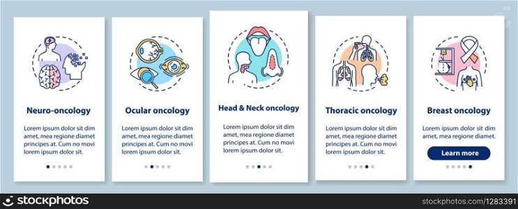 Oncology onboarding mobile app page screen with concepts. Cancer treatment walkthrough five steps graphic instructions. Ocular and thoracic oncology. UI vector template with RGB color illustrations