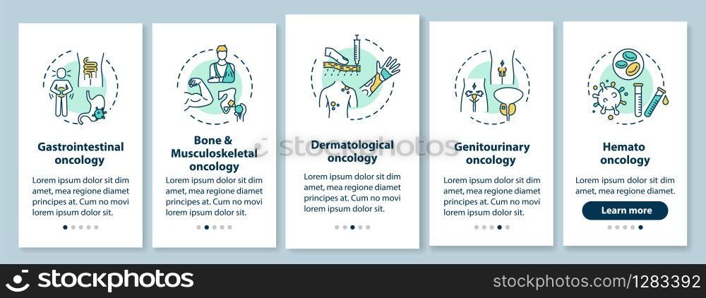 Oncology onboarding mobile app page screen with concepts. Cancer treatment walkthrough five steps graphic instructions. Gastrointestinal oncology. UI vector template with RGB color illustrations