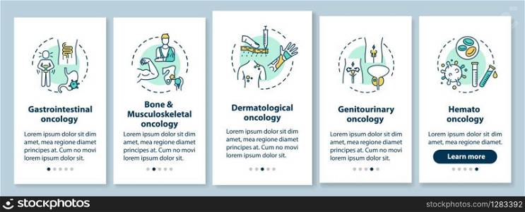 Oncology onboarding mobile app page screen with concepts. Cancer treatment walkthrough five steps graphic instructions. Gastrointestinal oncology. UI vector template with RGB color illustrations