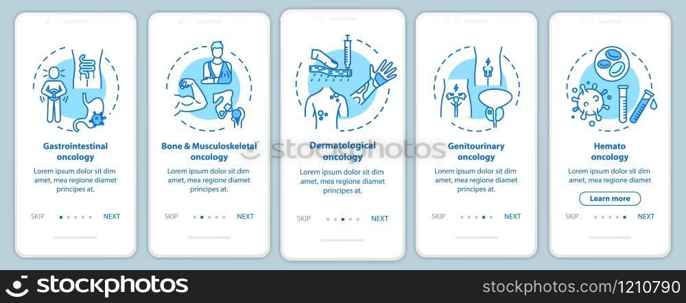 Oncology onboarding mobile app page screen with concepts. Gastrointestinal oncology. Cancer treatment walkthrough five steps graphic instructions. UI vector template with RGB color illustrations