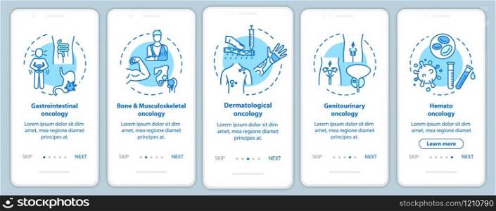 Oncology onboarding mobile app page screen with concepts. Gastrointestinal oncology. Cancer treatment walkthrough five steps graphic instructions. UI vector template with RGB color illustrations
