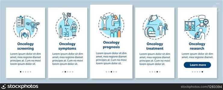 Oncology onboarding mobile app page screen with concepts. Illness treatment walkthrough five steps graphic instructions. Cancer symptoms and prognosis. UI vector template with RGB color illustrations