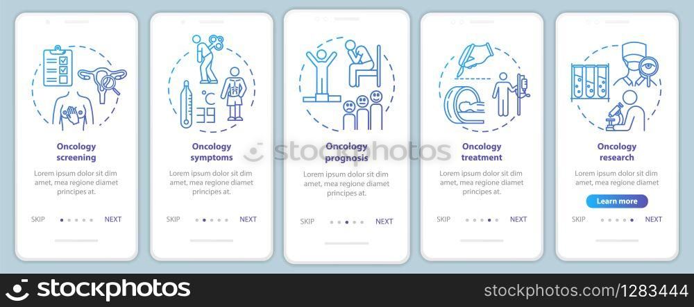 Oncology onboarding mobile app page screen with concepts. Illness treatment walkthrough five steps graphic instructions. Cancer symptoms. Illness prognosis. UI vector template, RGB color illustrations