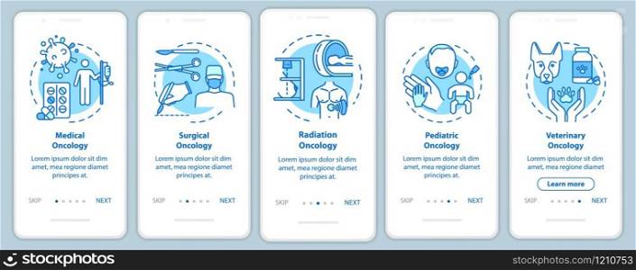 Oncology onboarding mobile app page screen with concepts. Medical and surgical oncology. Cancer treatment walkthrough five steps graphic instructions. UI vector template with RGB color illustrations