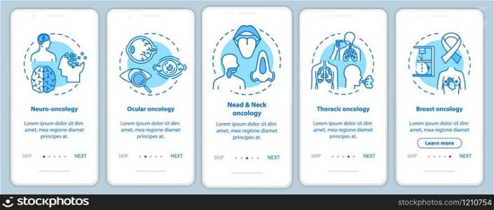 Oncology onboarding mobile app page screen with concepts. Ocular and thoracic oncology. Cancer treatment walkthrough five steps graphic instructions. UI vector template with RGB color illustrations