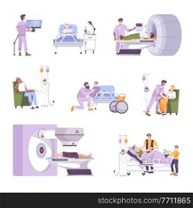Oncology patients during mri scan radiotherapy chemotherapy kids in children cancer ward flat icons set vector illustration. Oncology Flat Set
