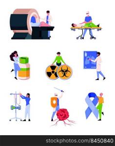 Oncology people. Medical diagnosis and treatment radiology machines patient in clinic doctor making diagnoses x ray systems garish vector flat pictures set. Illustration of medical oncology diagnosis. Oncology people. Medical diagnosis and treatment radiology machines patient in clinic doctor making diagnoses x ray systems garish vector flat pictures set