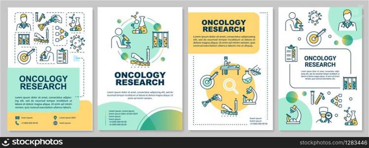 Oncology research brochure template. Cancer laboratory examinations. Flyer, booklet, leaflet print, cover design with linear icons. Vector layouts for magazines, annual reports, advertising posters